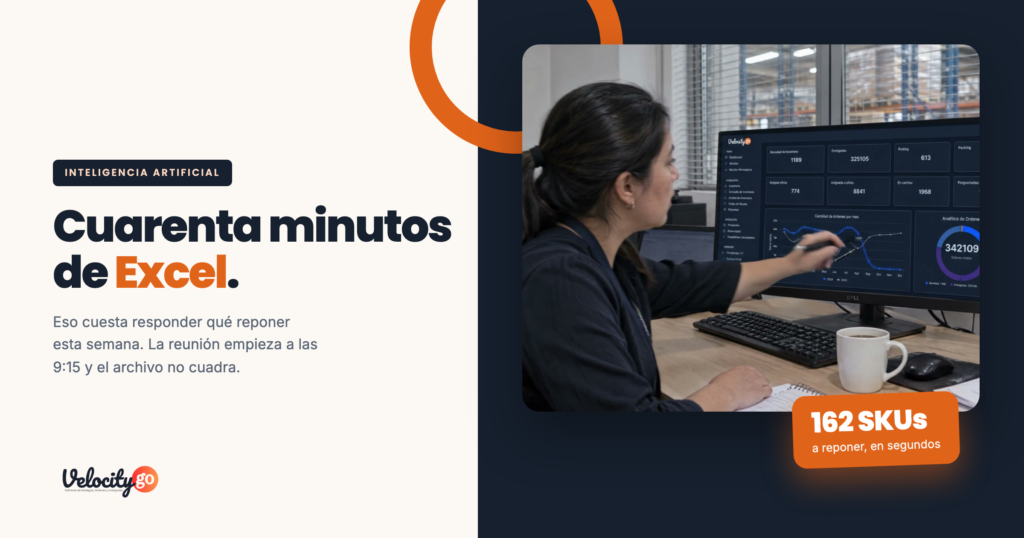 Analista frente al panel de VelocityGo: cuarenta minutos de Excel o una pregunta
